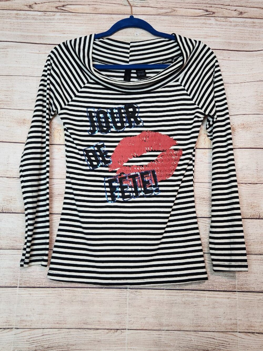 Desigual Tunic Top M Black White Stripe "Jour De Fete" Lips Knit Scoop Neck